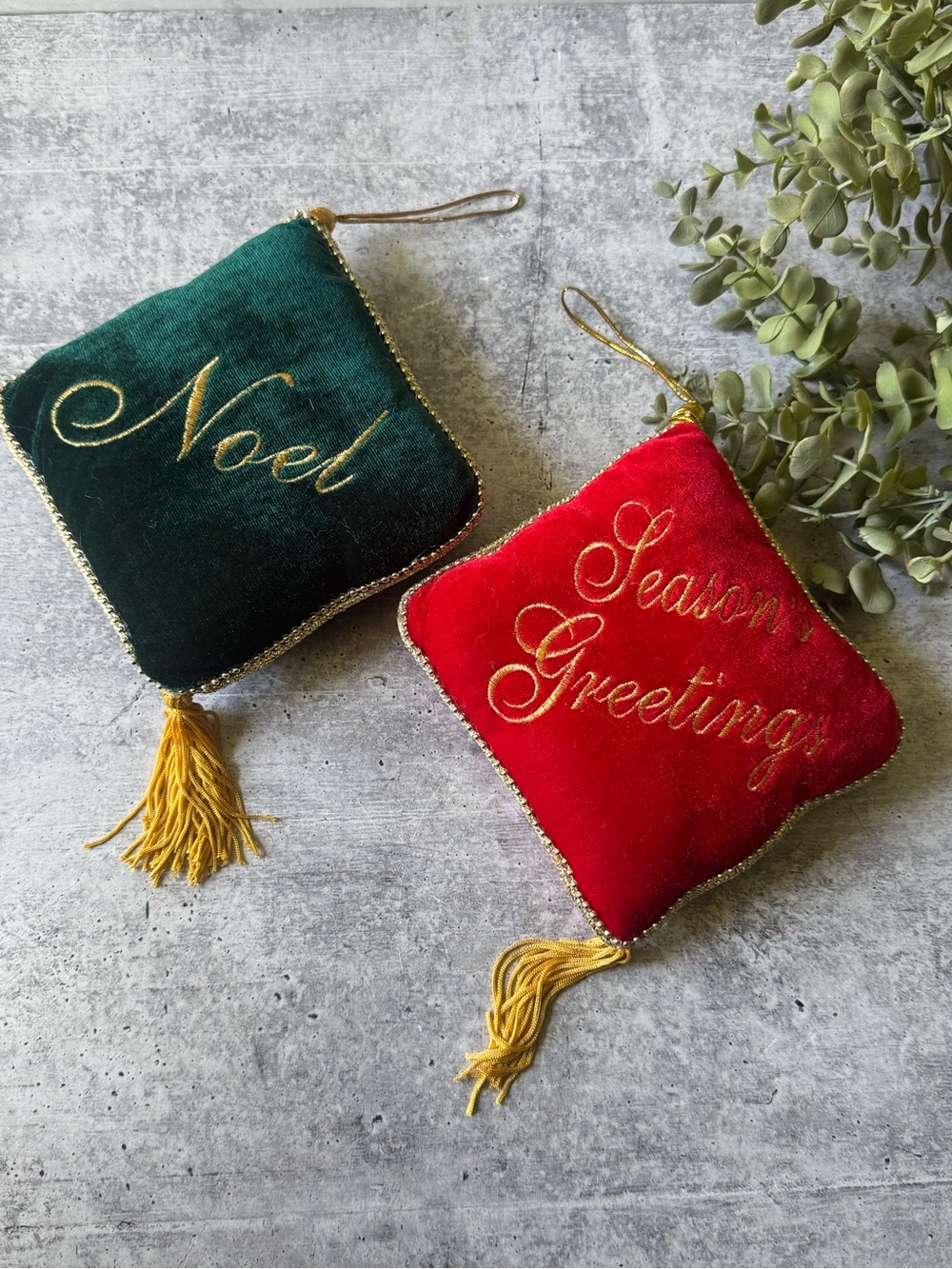 Set of 2 Vintage Christmas Pillow Ornaments - Noel and Season’s Greetings